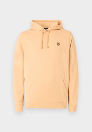 Sudadera con capucha de color naranja claro, con bolsillo frontal, capucha con cordón y pequeño logo bordado de un pájaro amarillo y negro en el pecho.