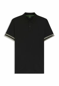 Musta polo-paita, joka on valmistettu puuvillasta. Tässä on klassinen kaulus, kaksi nappia edessä ja valkoiset raidat hihoissa. Brändin logo hihassa.