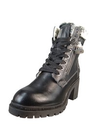 Stivaletto alla caviglia in pelle nera con finitura testurizzata, design con lacci, collo in pelliccia sintetica, cerniera laterale e tacco robusto. Suola in gomma con grip.