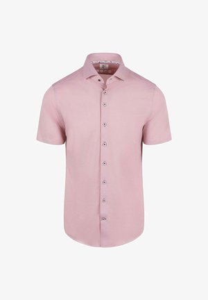 Kurzärmeliges, hellrosa Herrenhemd mit Standardkragen und sieben sichtbaren weißen Knöpfen vorne.