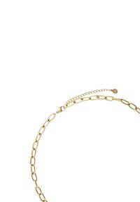 Collier en métal doré avec des maillons allongés, présentant un fermoir et une chaîne d'extension réglable pour varier la taille.
