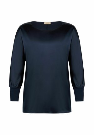 Granatowa satynowa bluzka z okrągłym dekoltem, długimi, bufiastymi rękawami oraz luźnym krojem. Gładka faktura z delikatnym połyskiem.
