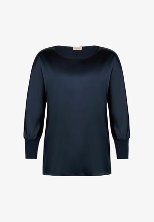 Marineblå satinv blouse med rund halsudskæring, lange puffede ærmer og en afslappet pasform. Glat tekstur med et subtilt skær.