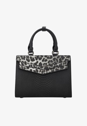 Schwarze strukturierte Handtasche mit zwei Griffen, mit einem grauen und schwarzen Leopardenmuster-Klappverschluss.