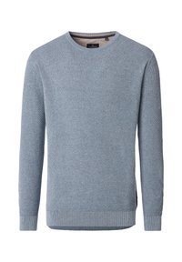Maglione azzurro chiaro con texture, scollo tondo, maniche lunghe, polsini e orlo a costine. Presenta spacchi laterali per un comfort aumentato.