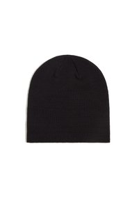 Berretto di lana nera lavorato a maglia con una texture morbida, parte superiore arrotondata e leggermente svasata verso il basso. Nessun motivo o accento visibile.