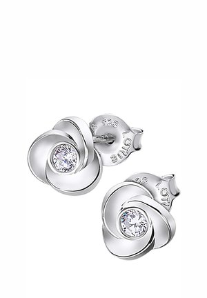 Boucles d'oreilles en argent en forme de fleur avec une pierre claire au centre, dotées d'une finition polie et marquées "925" pour l'authenticité de l'argent sterling.