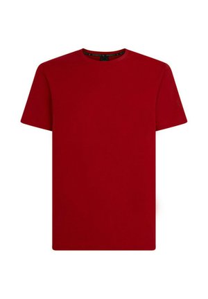 Maglietta rossa in cotone con scollo a girocollo, maniche corte e design semplice. Presenta un logo all'interno del colletto.
