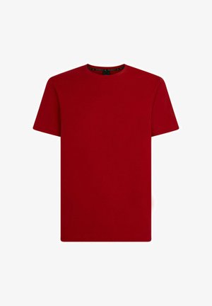 Maglietta rossa in cotone con scollo a girocollo, maniche corte e design semplice. Presenta un logo all'interno del colletto.