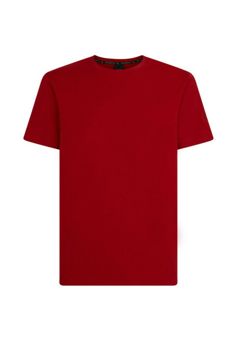 Maglietta rossa in cotone con scollo a girocollo, maniche corte e design semplice. Presenta un logo all'interno del colletto.