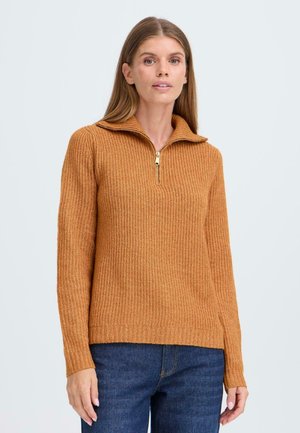 Ribbade zip-up tröja i varm orangebrun, med en hög krage och sidoflikar, tillverkad av ett mjukt, texturerat stickat tyg.