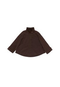 Chaqueta ligera marrón con cuello alto, hombros caídos y dos bolsillos frontales. Presenta una textura suave y un diseño simple.