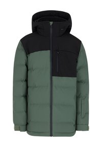 Giacca imbottita in verde scuro e nero, con zip frontale, cappuccio regolabile, tasca sul petto e tessuto testurizzato con design gonfio.