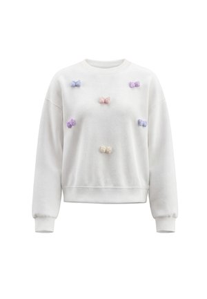 Felpa bianca a manica lunga con piccoli fiocchi pastello viola, blu, rosa e crema disposti sulla parte anteriore.