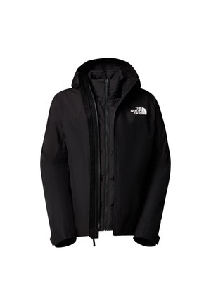 Black jacket with adjustable hood, front zipper, and soft texture. Features The North Face logo on chest. Weather-resistant design.