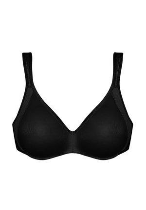 Reggiseno wireless nero con coppe lisce, spalline regolabili e fascia di supporto, mostrato su uno sfondo bianco.