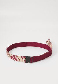 Belt featuring a maroon fabric strap with a woven light green and red pattern, complemented by a black plastic buckle. Smooth texture.