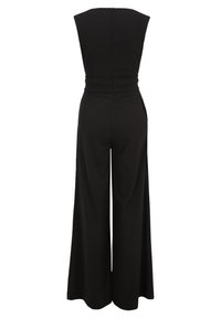 Black sleeveless jumpsuit with wide legs, back zipper closure, and fitted waist. Smooth fabric with minimal seams and no embellishments.