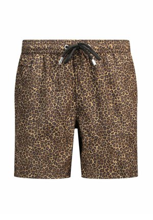 Zwemshort met luipaardprint, zwarte trekkoord en metalen uiteinden, met zijzakken en een ontwerp tot halverwege het dijbeen.