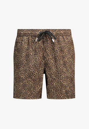 Zwemshort met luipaardprint, zwarte trekkoord en metalen uiteinden, met zijzakken en een ontwerp tot halverwege het dijbeen.