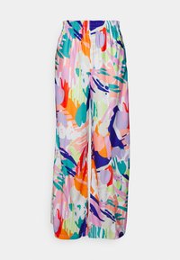 Pantalones de pierna ancha multicolores con una tela ligera. Cuentan con una cinturilla elástica y un vibrante patrón abstracto en rosa, azul y verde.