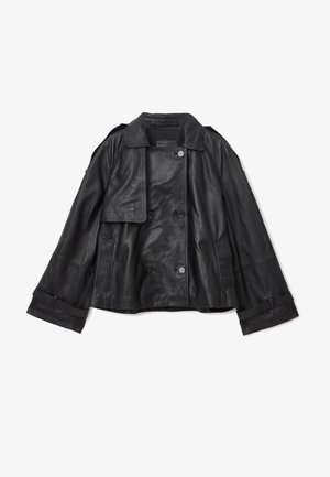 Black leather jacket with a double-breasted design, wide lapels, and long sleeves. Features button closures and side pockets.