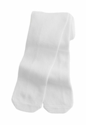 Calzini bianchi di cotone con una texture morbida, finitura liscia e senza motivi o abbellimenti. La forma è standard con punte arrotondate.