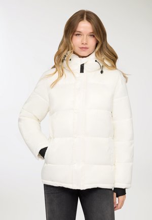 Giacca imbottita bianca con collo alto, dotata di chiusura con bottoni e coulisse regolabili. Tessuto liscio e due tasche laterali.