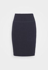 Jupe crayon bleu marine au genou en tissu extensible, avec une taille haute et des coutures plates pour un ajustement lisse.