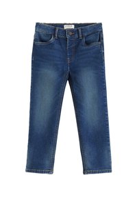 Jeans in denim blu con vestibilità dritta, design a cinque tasche, cuciture visibili e chiusura con bottone. Leggera scoloritura sulle cosce, nessun motivo.