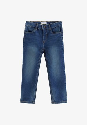 Blå denimjeans med lige pasform, fem-lomme design, synlig syning og knaplukning. Lys falmning på lår, ingen mønstre.
