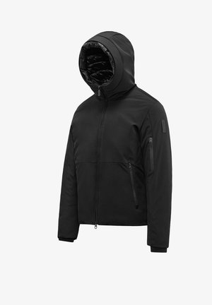 Black hooded winter jacket with front zipper, zippered side pockets, and a zippered pocket on the left sleeve.