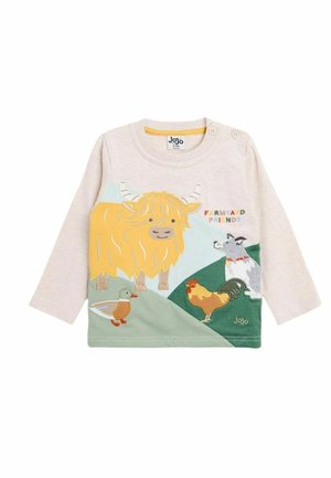 Hellbeige Langarmshirt mit bunten Tierapplikationen: einer gelben Highlandrinder, einer Ente, einem Huhn und einer Ziege auf einem grünen Landschaftsdesign.
