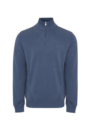 Navy blue long-sleeve pullover with a quarter zipper and ribbed cuffs, collar, and hem.