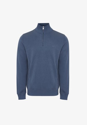 Granatowy, długi sweter z długim rękawem, z ćwierć zamkiem błyskawicznym oraz ściągaczami przy rękawach, kołnierzu i u dołu.