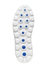 Suola di scarpa in gomma bianca caratterizzata da motivi circolari con cerchi blu accentuati e fori di ventilazione, progettata per traspirabilità e aderenza.