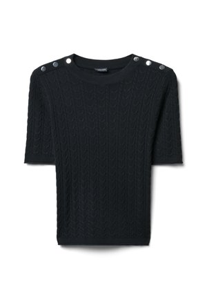 Maglione corto a maniche corte nero in maglia con motivo a treccia e bottoni argento sulla spalla. Collo rotondo con polsini a costine.