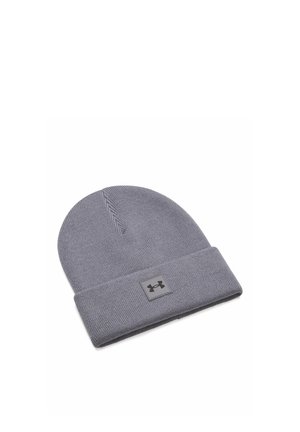 Gray knit beanie with folded brim featuring a small square patch with a black Under Armour logo centered on the front.