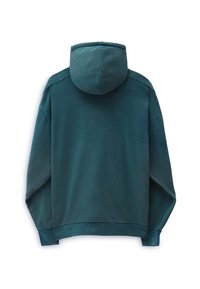 Sweat à capuche de couleur sarcelle vu de dos avec manches longues, capuche, poignets et ourlet côtelés, présenté sur fond blanc.