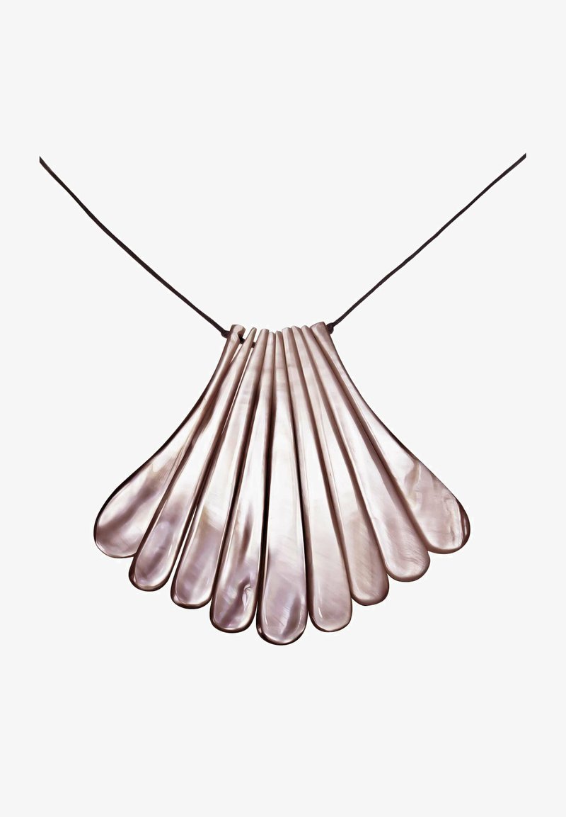 Mother-of-pearl necklace featuring elongated, shell-shaped segments in light pink tones, suspended from a dark cord.