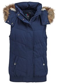 Veste matelassée bleu marine avec une fermeture éclair sur le devant, des poches à pression et une capuche amovible bordée de fourrure. Elle présente une texture matelassée et un ourlet élastique.