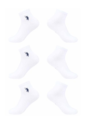 Three pairs of white ankle socks each featuring a small navy blue figure logo near the ankle on a white background.