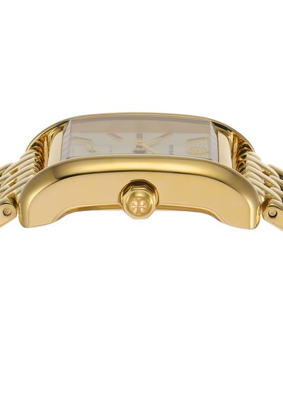 Side view of a gold-tone rectangular wristwatch with a woven metal band and a crown engraved with a logo.