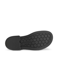 Black shoe sole with a hexagonal pattern, featuring a ridged toe and a smooth heel. Brand logo "ECCO" visible on the surface.