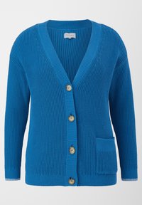 Blauwe gebreide cardigan met een v-hals, zes grote knopen, een voorzak en geribbelde manchetten. Gemaakt van een textuurgarens.