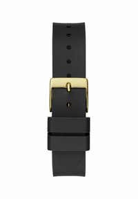Cinturino in silicone nero con fibbia in metallo dorato, forma rettangolare, multiple forature per la regolazione della taglia, texture liscia e design a doppio fermo.