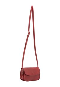 Borsa a tracolla rossa in pelle con chiusura a pattina, tracolla regolabile e dettagli di cucitura discreti. Design compatto con una superficie liscia.