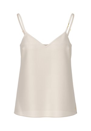 Beige silk cami top with adjustable straps and a deep V-neck. Features a smooth texture and a subtle sheen with gold hardware accents.