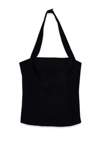 Czarna torba tote wykonana z mocnego materiału, z zaokrągloną podstawą i szerokimi, płaskimi ramiączkami. Gładka tekstura i strukturalny design z minimalną ilością szwów.