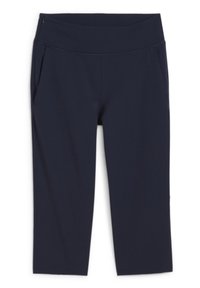 Pantaloni capri navy realizzati in materiale elasticizzato, con una cintura ampia, due tasche laterali e una texture liscia.